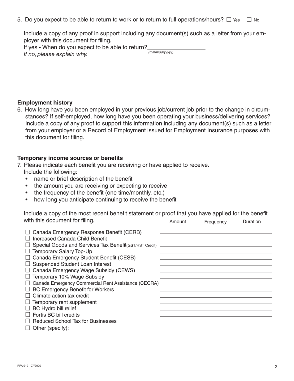 Form PFA919 Financial Statement Covid-19 Addendum - British Columbia, Canada, Page 2