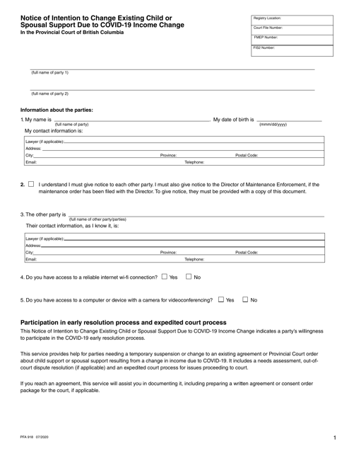 Form PFA918 Notice of Intention to Change Existing Child or Spousal Support Due to Covid-19 Income Change - British Columbia, Canada