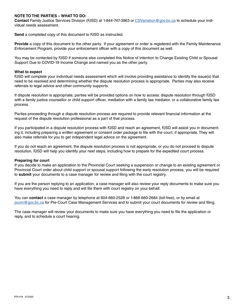 Form PFA918 Notice of Intention to Change Existing Child or Spousal Support Due to Covid-19 Income Change - British Columbia, Canada, Page 3