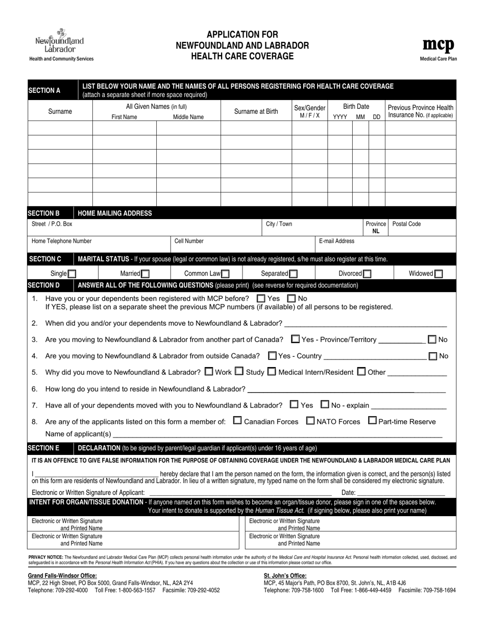 Application for Newfoundland and Labrador Health Care Coverage - Newfoundland and Labrador, Canada, Page 2