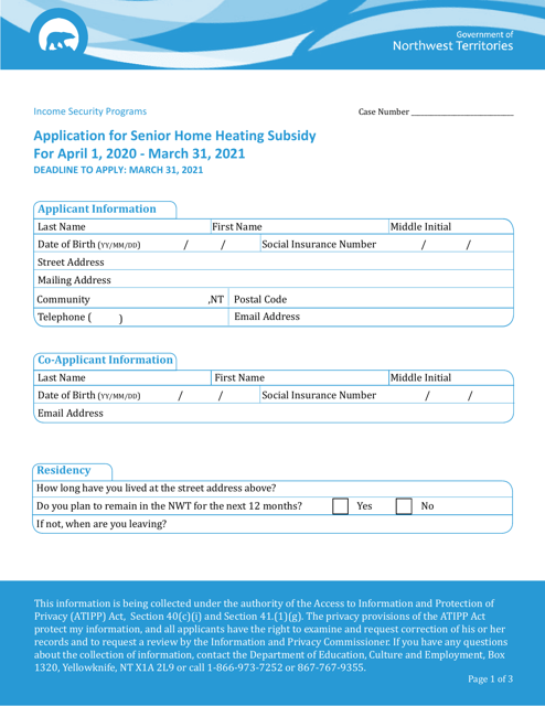 Application for Senior Home Heating Subsidy - Northwest Territories, Canada Download Pdf
