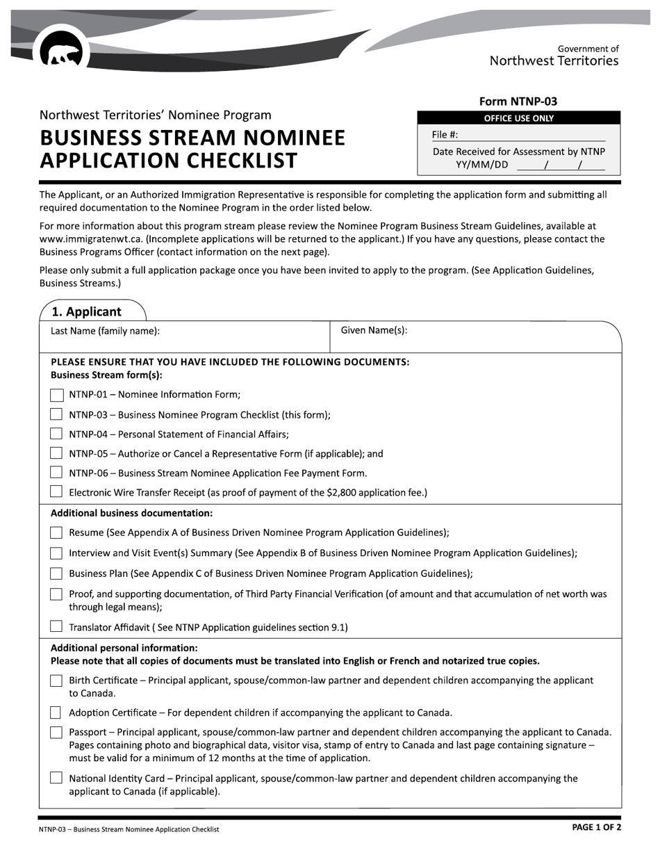 Form NTNP-03 Business Stream Nominee Application Checklist - Northwest Territories, Canada, Page 1