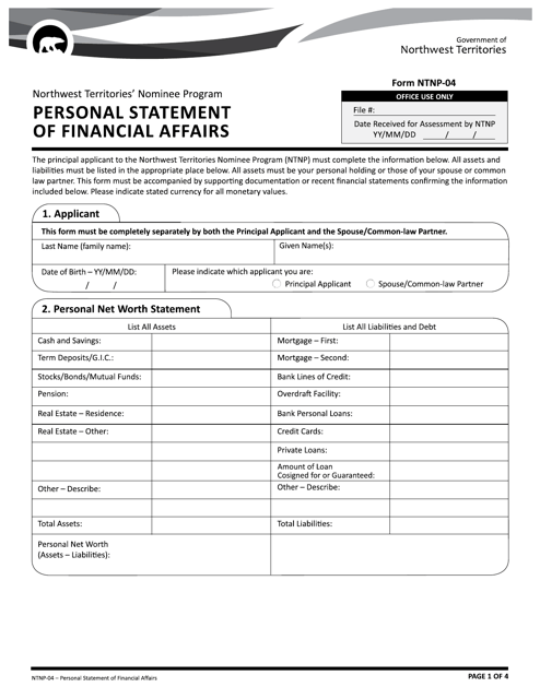 Form NTNP-04 Personal Statement of Financial Affairs - Northwest Territories, Canada