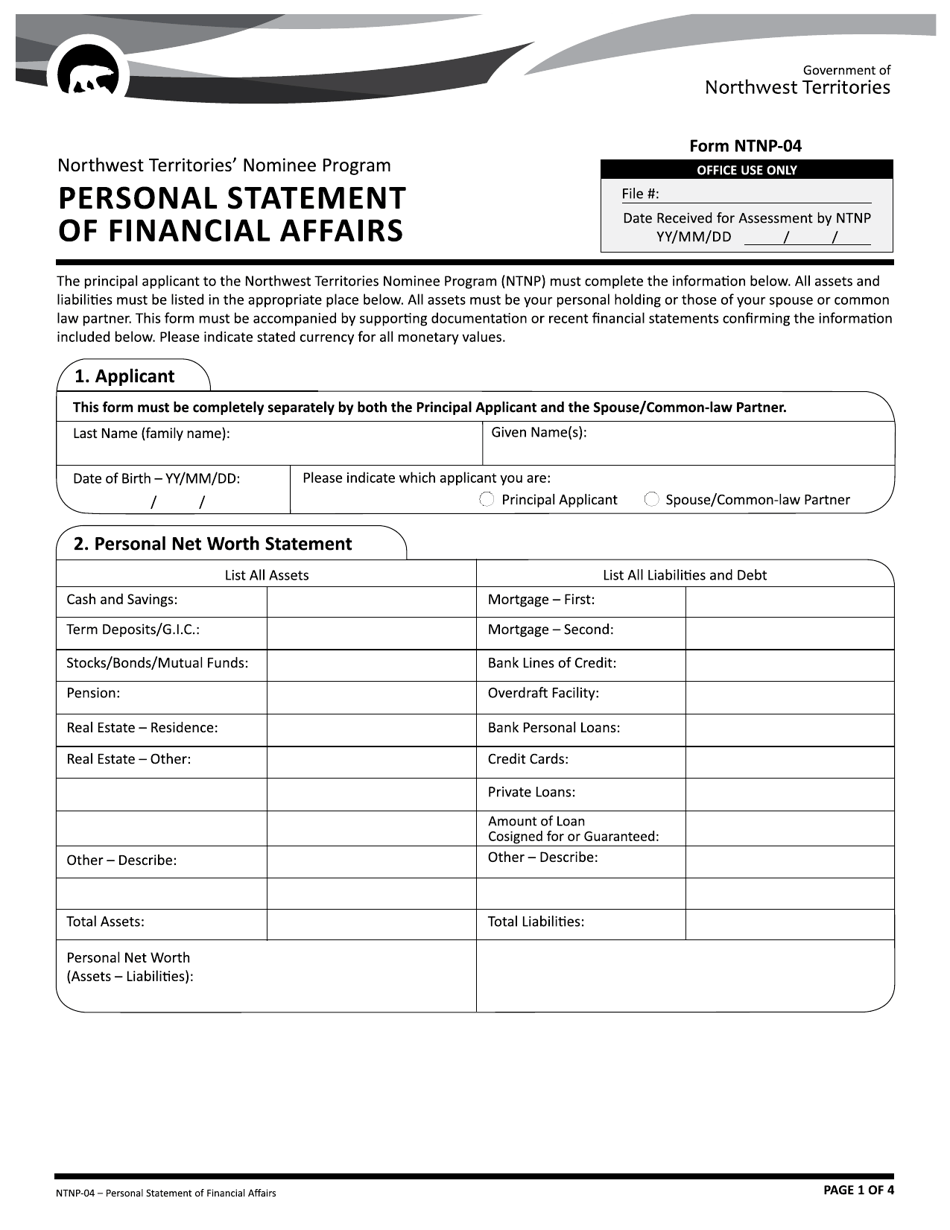 Form NTNP-04 Personal Statement of Financial Affairs - Northwest Territories, Canada, Page 1