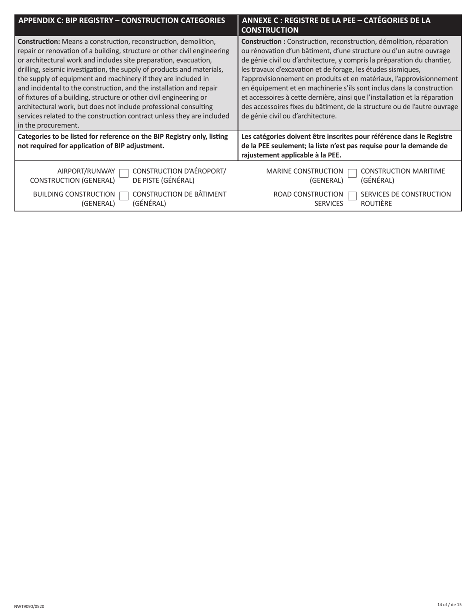 Form NWT9090 Business Incentive Policy (Bip) Application or Update - Northwest Territories, Canada (English / French), Page 14