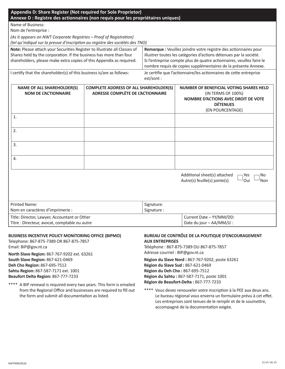Form NWT9090 Business Incentive Policy (Bip) Application or Update - Northwest Territories, Canada (English / French), Page 15