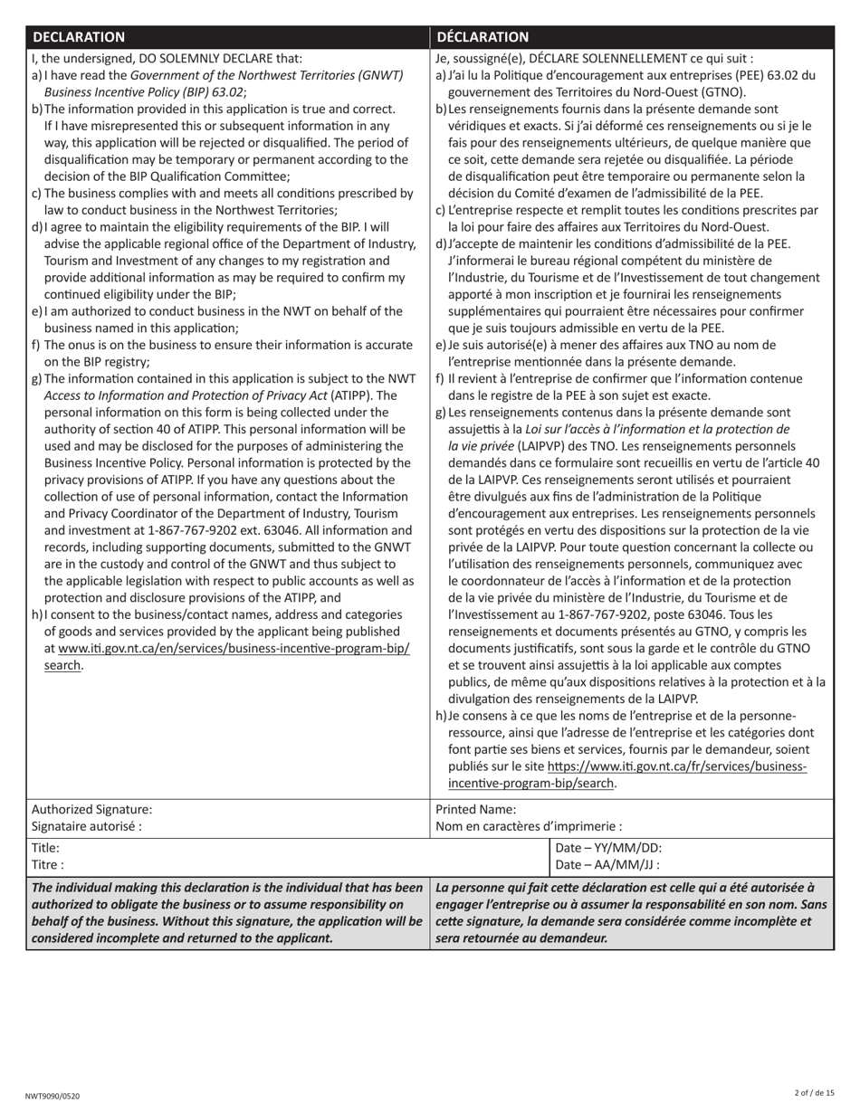 Form NWT9090 Business Incentive Policy (Bip) Application or Update - Northwest Territories, Canada (English / French), Page 2