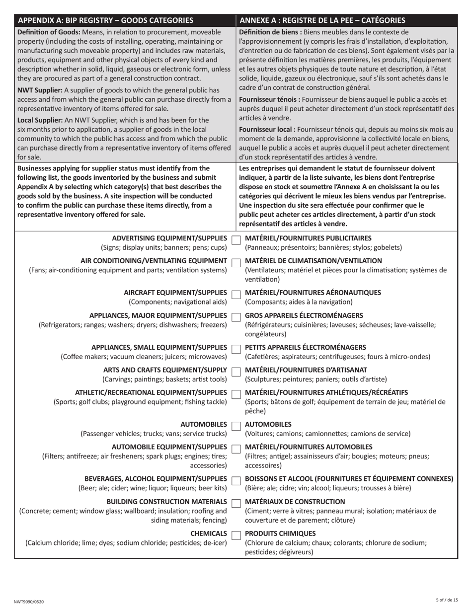 Form NWT9090 Business Incentive Policy (Bip) Application or Update - Northwest Territories, Canada (English / French), Page 5