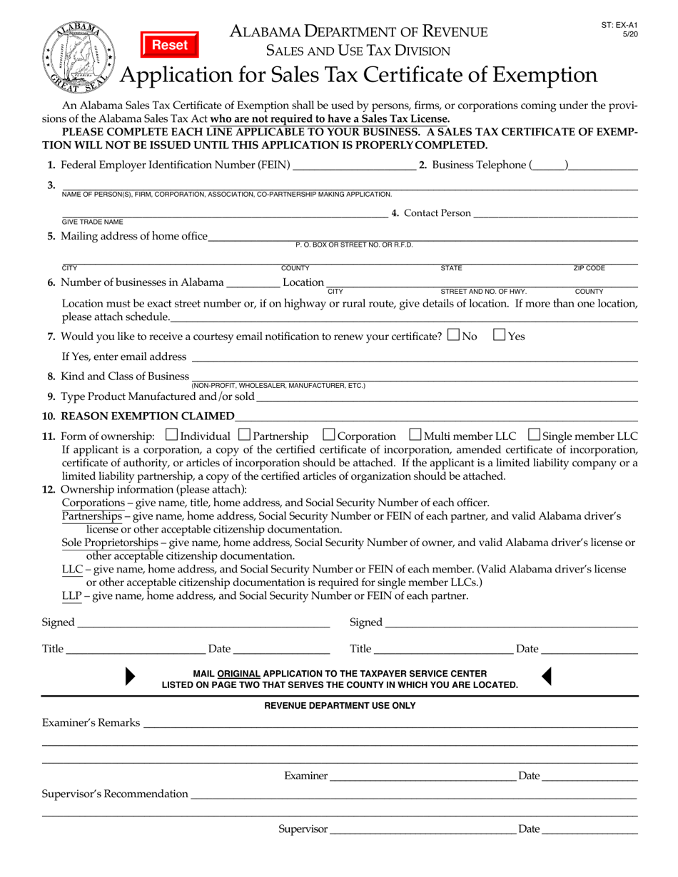Form ST: EX-A1 Application for Sales Tax Certificate of Exemption - Alabama, Page 1