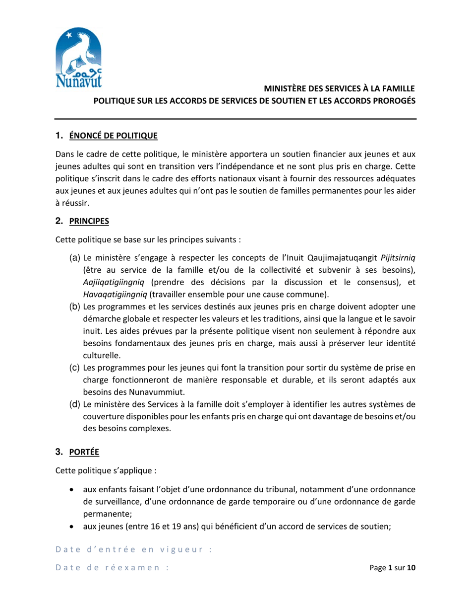 Support Services / Extended Support Agreement Policy - Nunavut, Canada (English / French), Page 1