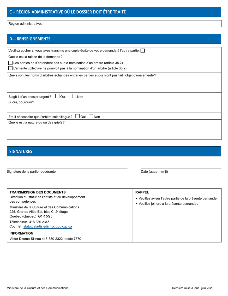 Demande De Designation Dun Arbitre De Grief - Quebec, Canada (French), Page 2