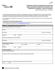 Document preview: Forme F-0055 Formulaire De Demande D'aide Financiere: Appui Aux Jeunes Entreprises Innovantes a Fort Potentiel De Croissance - Bons D'incubation - Quebec, Canada (French)