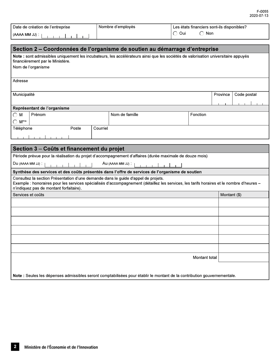 Forme F-0055 Formulaire De Demande Daide Financiere: Appui Aux Jeunes Entreprises Innovantes a Fort Potentiel De Croissance - Bons Dincubation - Quebec, Canada (French), Page 2