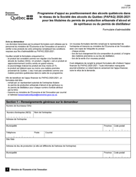 Document preview: Forme F-0086 Demande D'aide Financiere - Programme D'appui Au Positionnement DES Alcools Quebecois Dans Le Reseau De La Societe DES Alcools Du Quebec - Quebec, Canada (French)