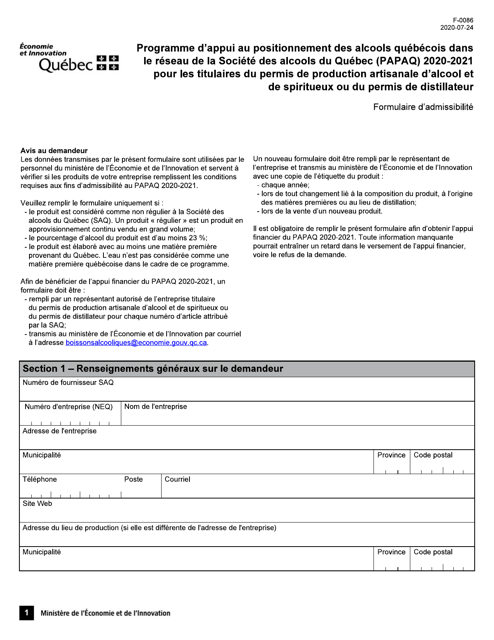 Forme F-0086 Demande D'aide Financiere - Programme D'appui Au Positionnement DES Alcools Quebecois Dans Le Reseau De La Societe DES Alcools Du Quebec - Quebec, Canada (French), 2021