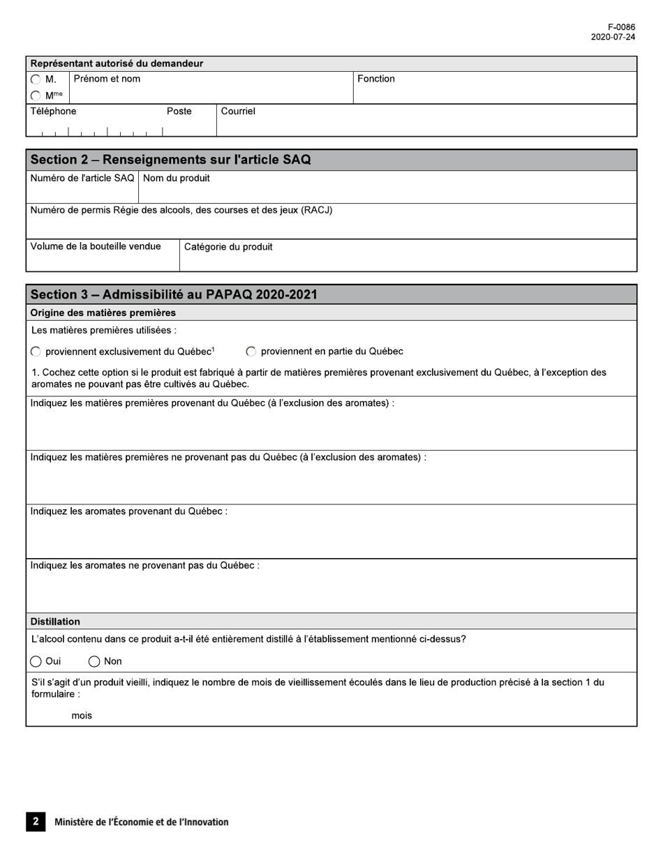 Forme F-0086 Demande Daide Financiere - Programme Dappui Au Positionnement DES Alcools Quebecois Dans Le Reseau De La Societe DES Alcools Du Quebec - Quebec, Canada (French), Page 2