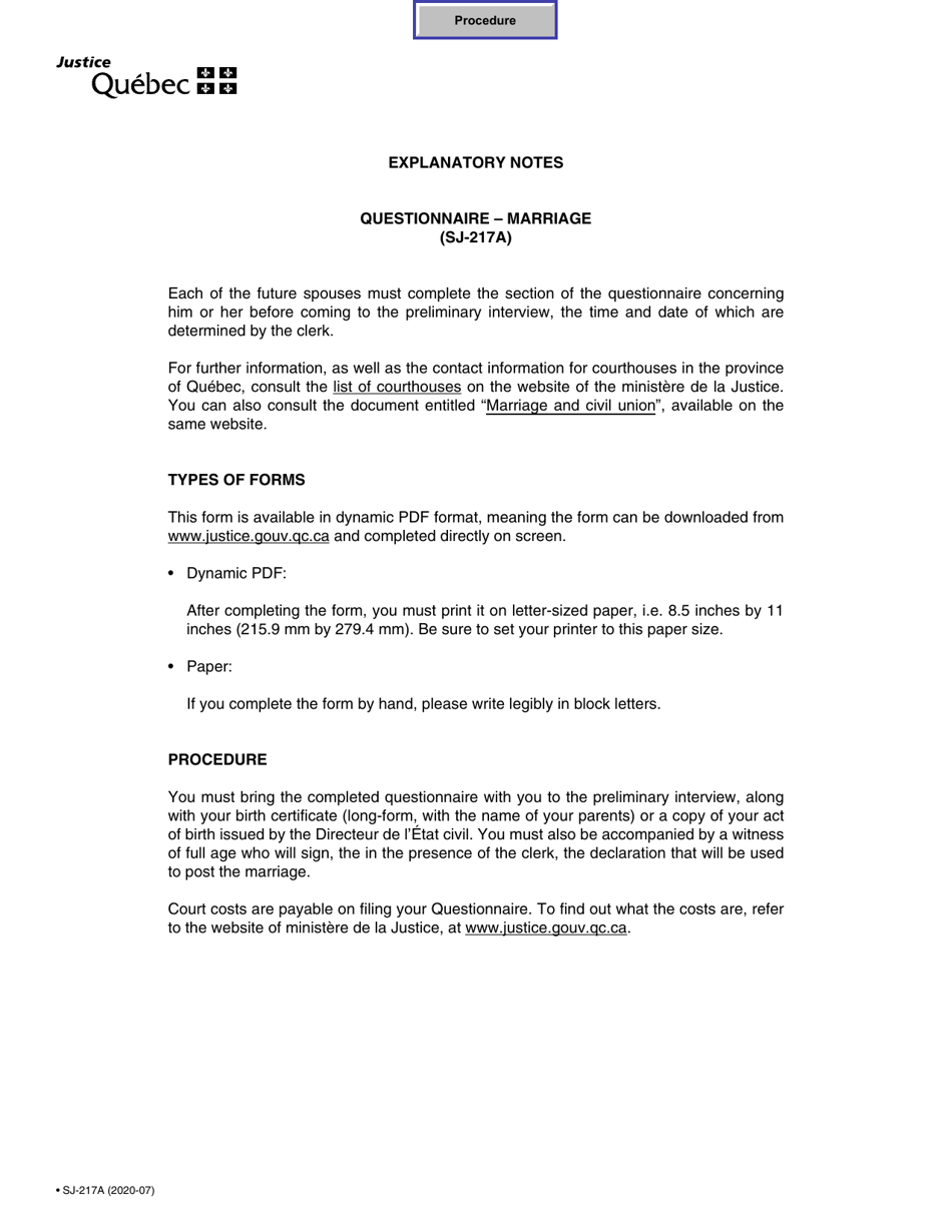 Form SJ-217A Civil Marriage - Quebec, Canada, Page 1