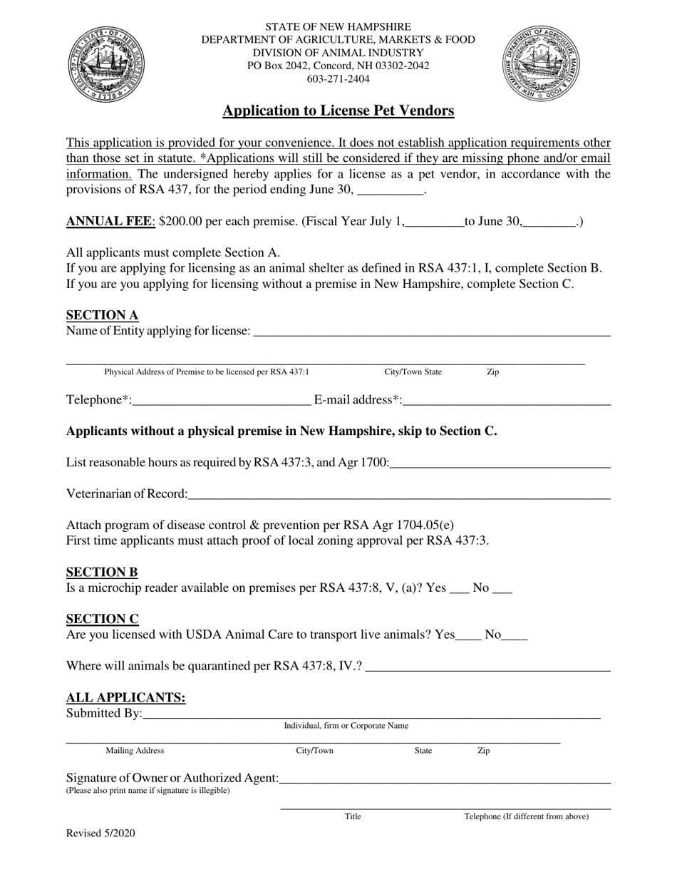 Application to License Pet Vendors - New Hampshire, Page 1