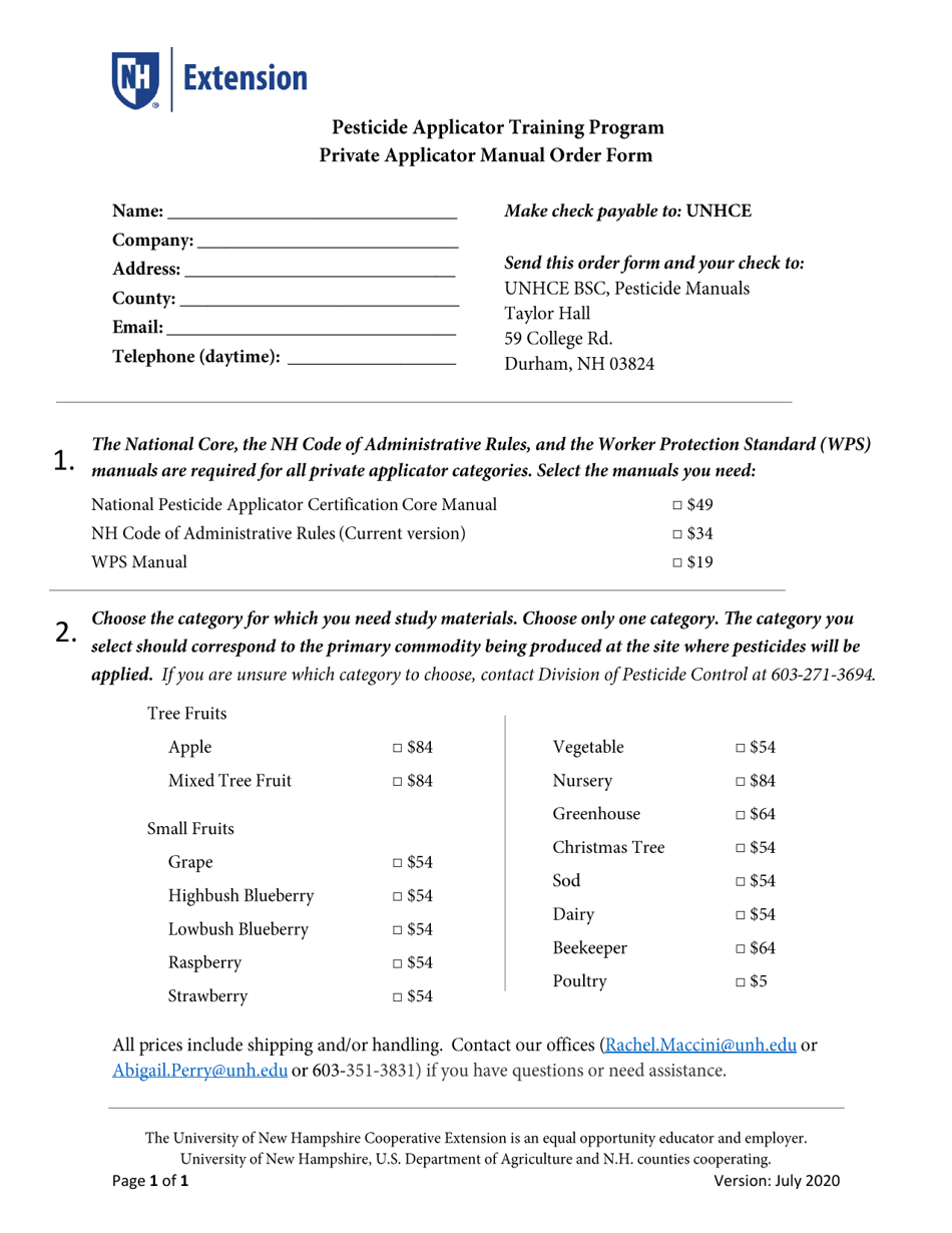 Private Applicator Manual Order Form - New Hampshire, Page 1
