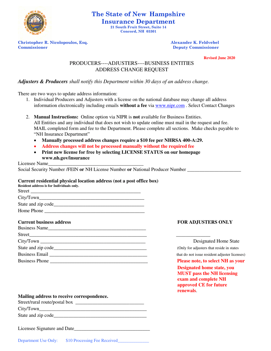 Address Change Request - New Hampshire, Page 1