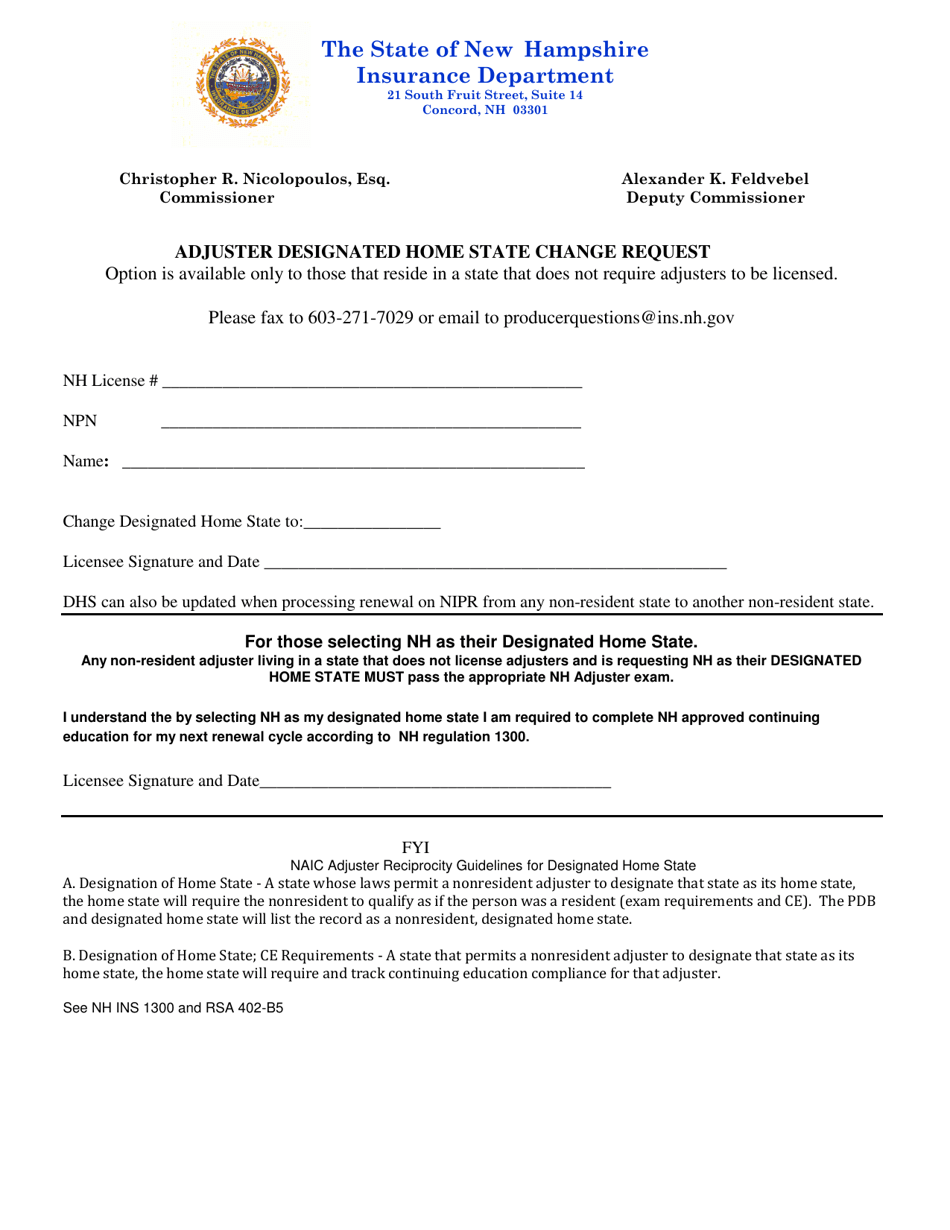 Adjuster Designated Home State Change Request - New Hampshire, Page 1