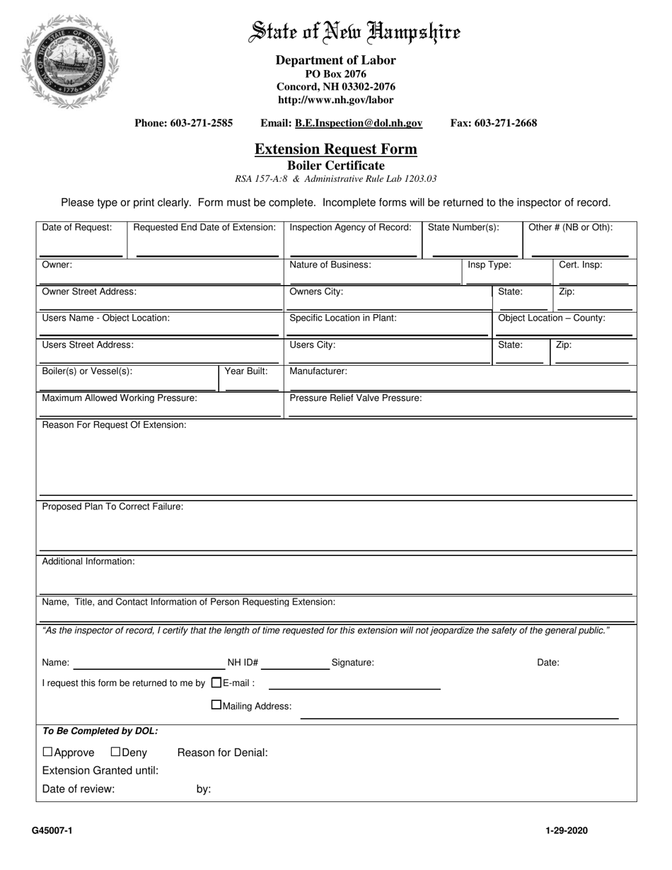 Form G45007-1 Boiler Extension Request Form - New Hampshire, Page 1