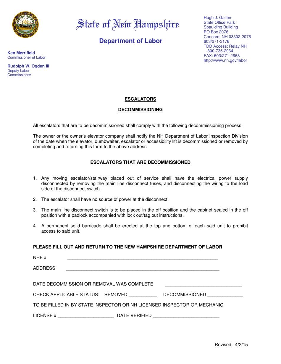 Escalators Decommissioning - New Hampshire, Page 1