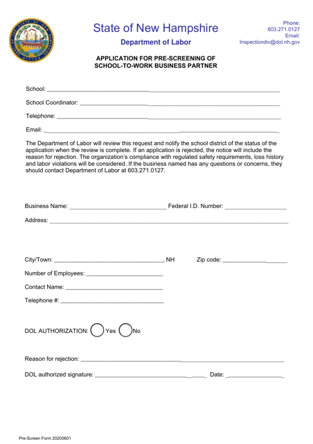 Application for Pre-screening of School-To-Work Business Partner - New Hampshire Download Pdf