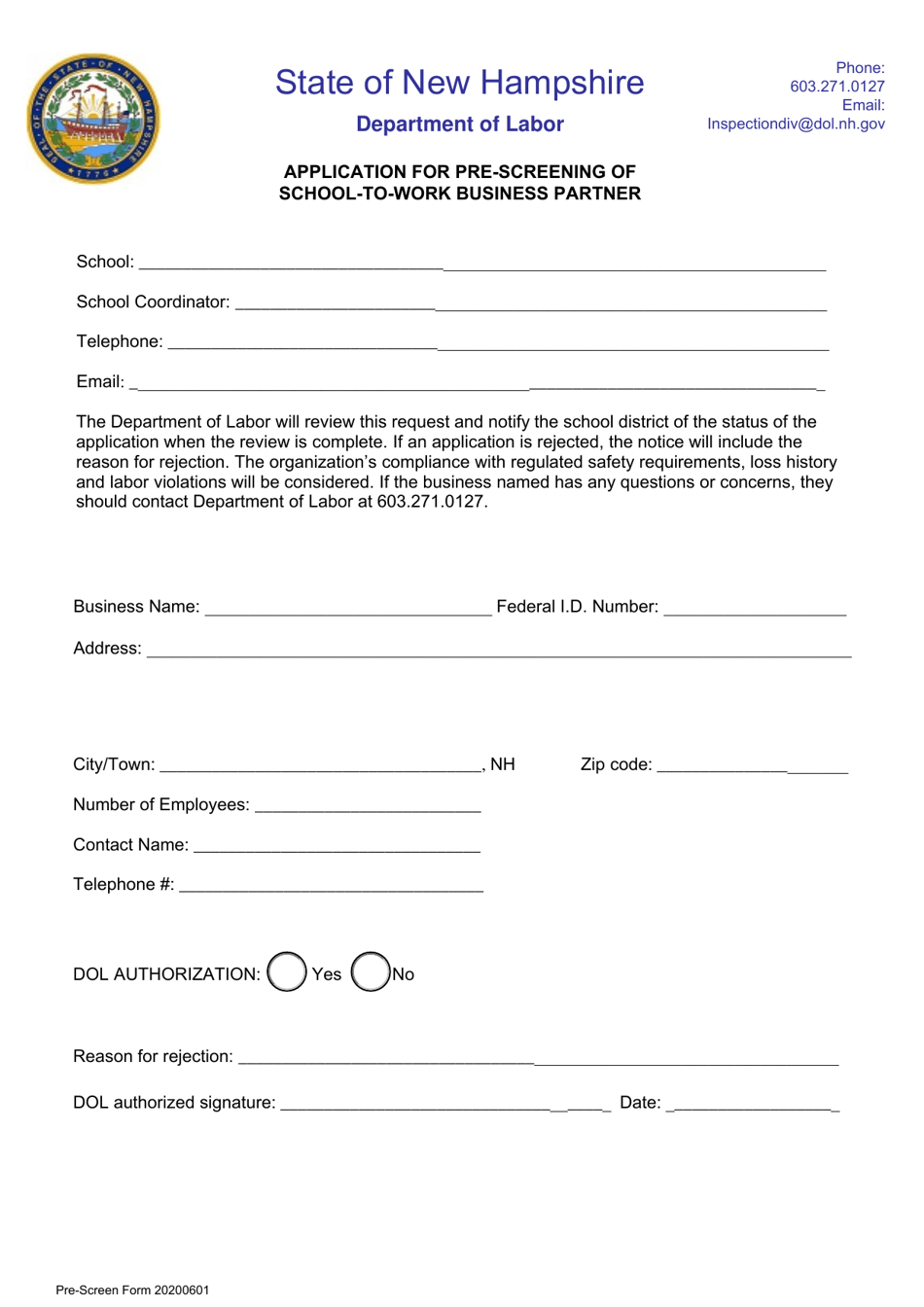 Application for Pre-screening of School-To-Work Business Partner - New Hampshire, Page 1