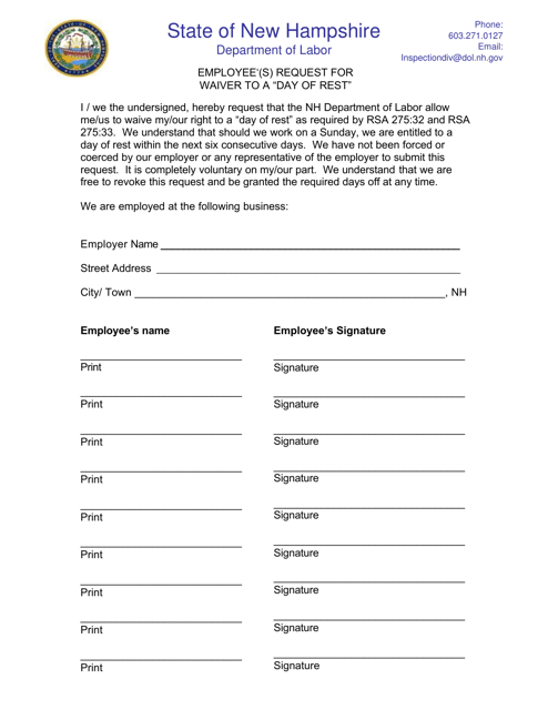 Employee'(S) Request for Waiver to a "day of Rest" - New Hampshire Download Pdf