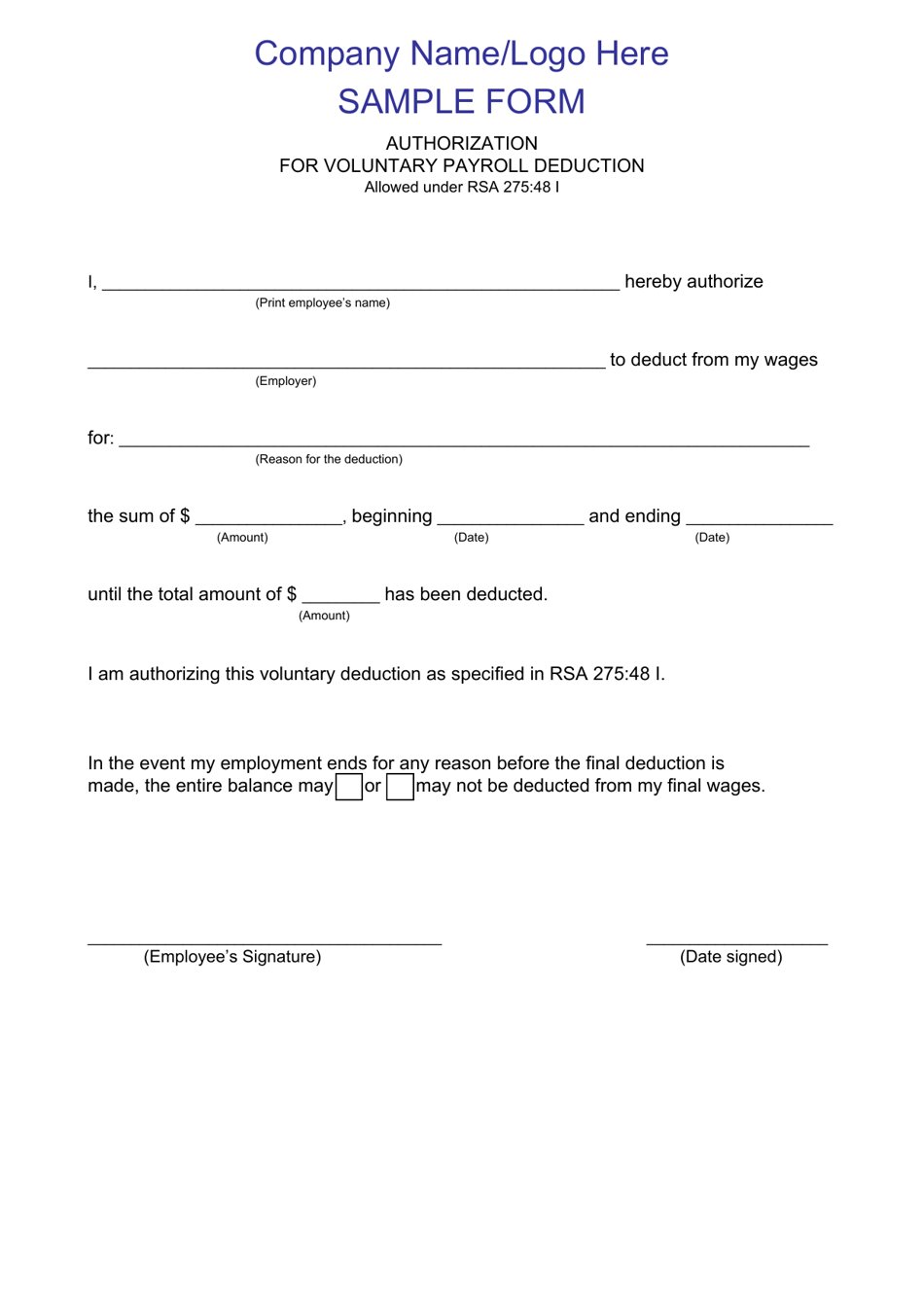 New Hampshire Authorization for Voluntary Payroll