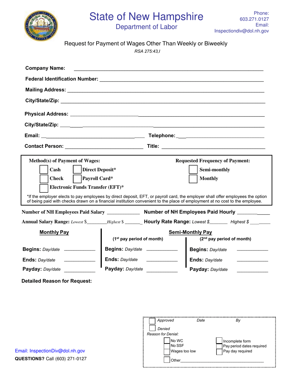 Request for Payment of Wages Other Than Weekly or Biweekly - New Hampshire, Page 1