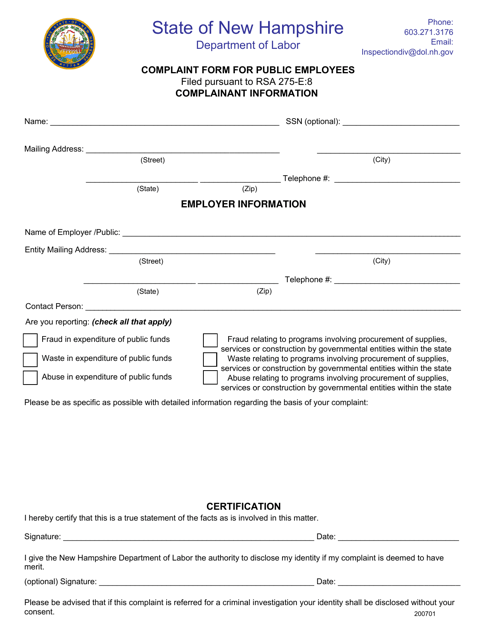 Complaint Form for Public Employees - New Hampshire