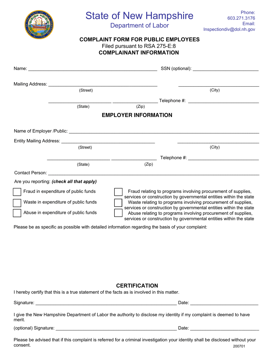 Complaint Form for Public Employees - New Hampshire, Page 1