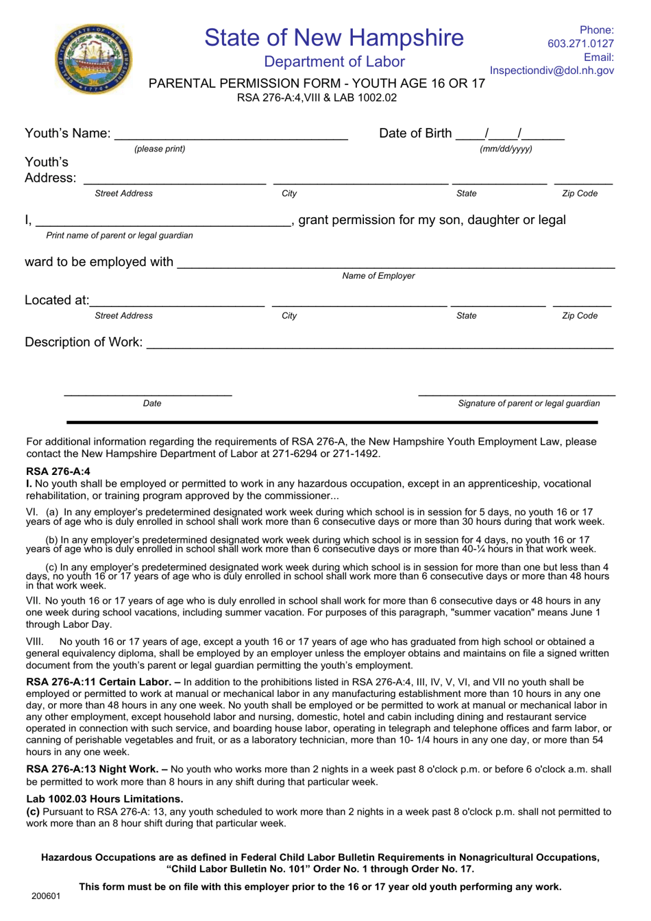 Parental Permission Form - Youth Age 16 or 17 - New Hampshire, Page 1
