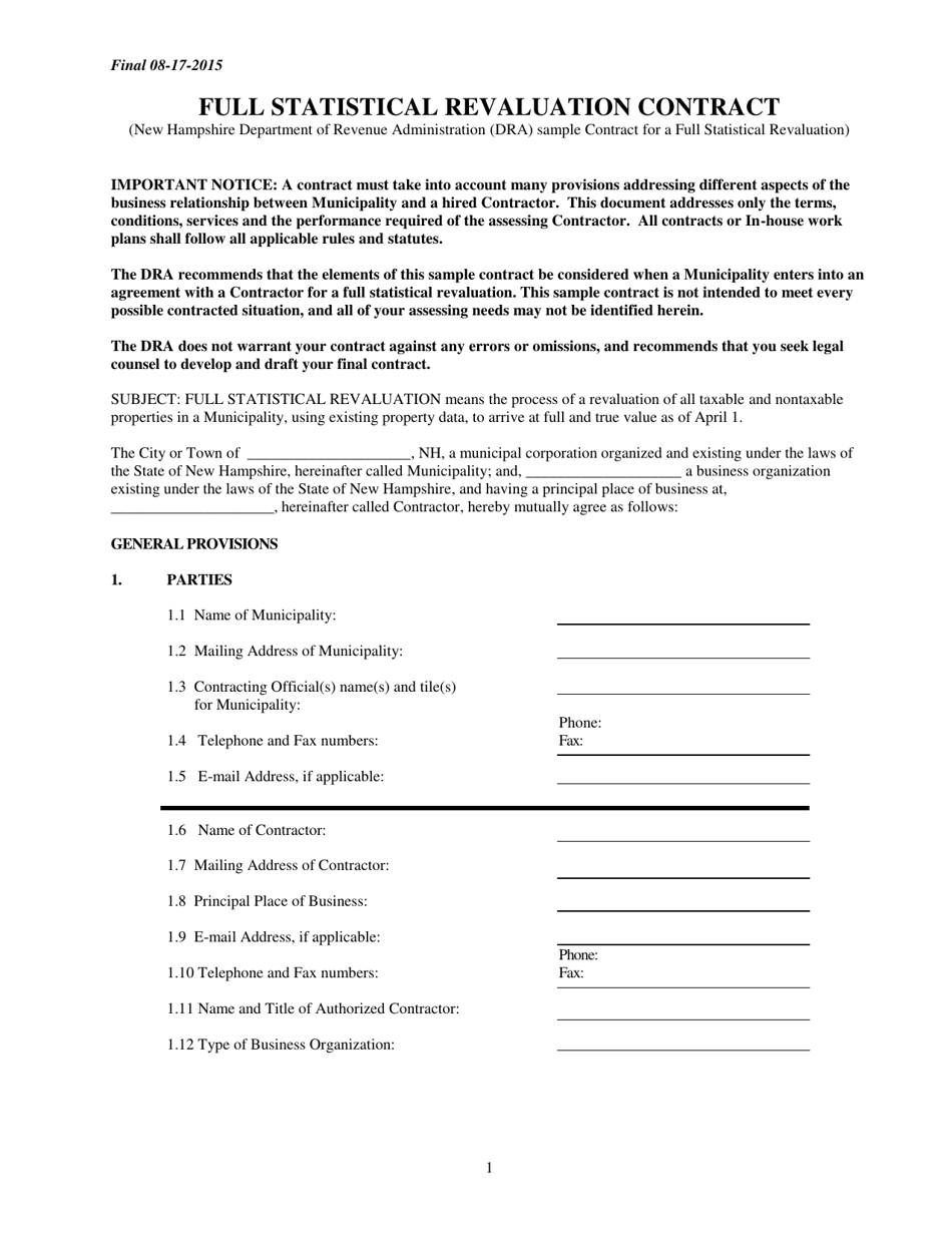 Full Statistical Revaluation Contract - New Hampshire, Page 1