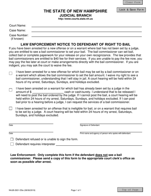 Form NHJB-2931-DSE Law Enforcement Notice to Defendant of Right to Bail - New Hampshire