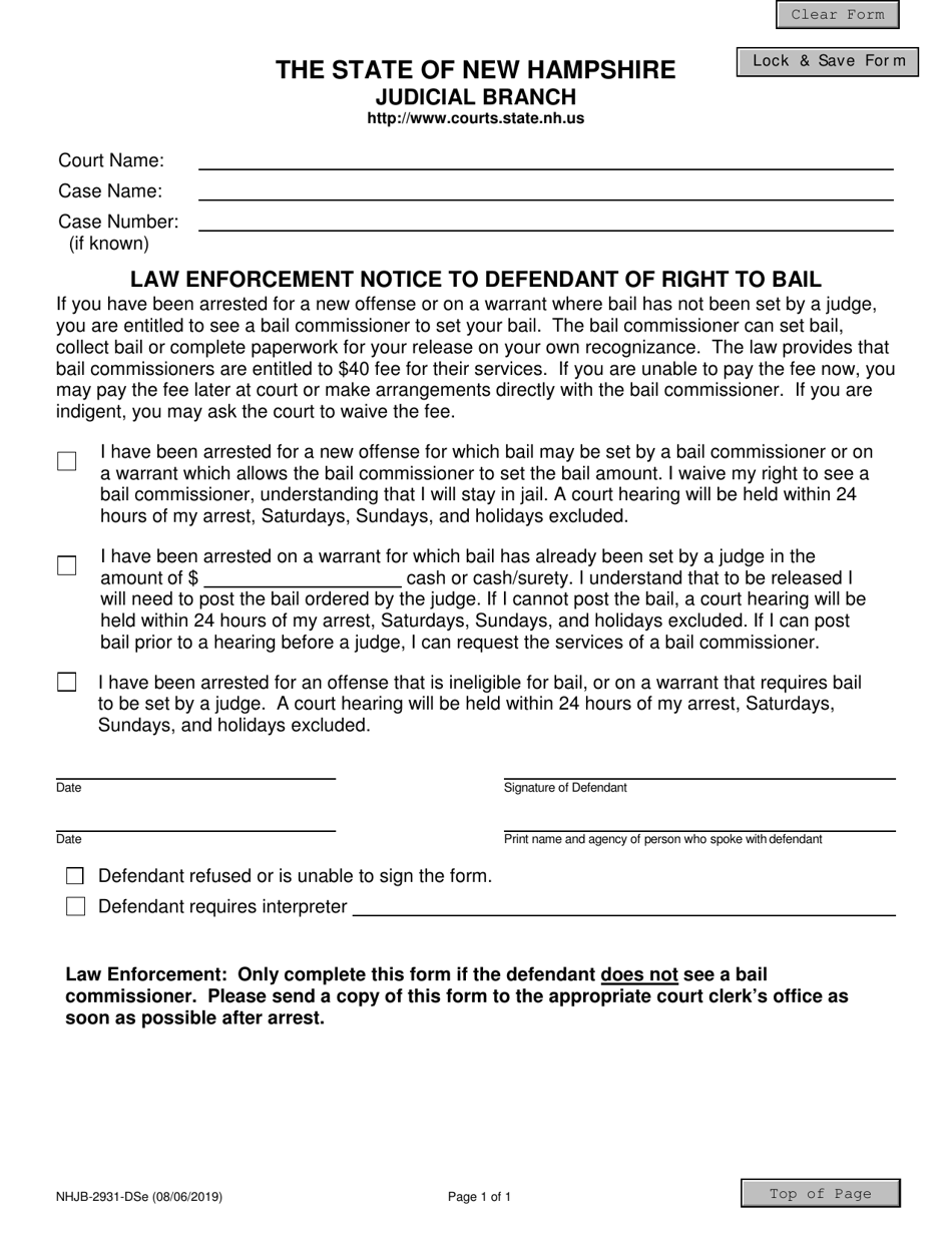 Form NHJB-2931-DSE Law Enforcement Notice to Defendant of Right to Bail - New Hampshire, Page 1