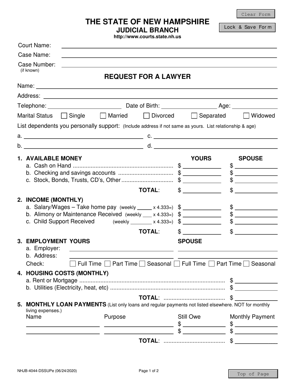 Form NHJB-4044-DSSUPE Request for a Lawyer - New Hampshire, Page 1