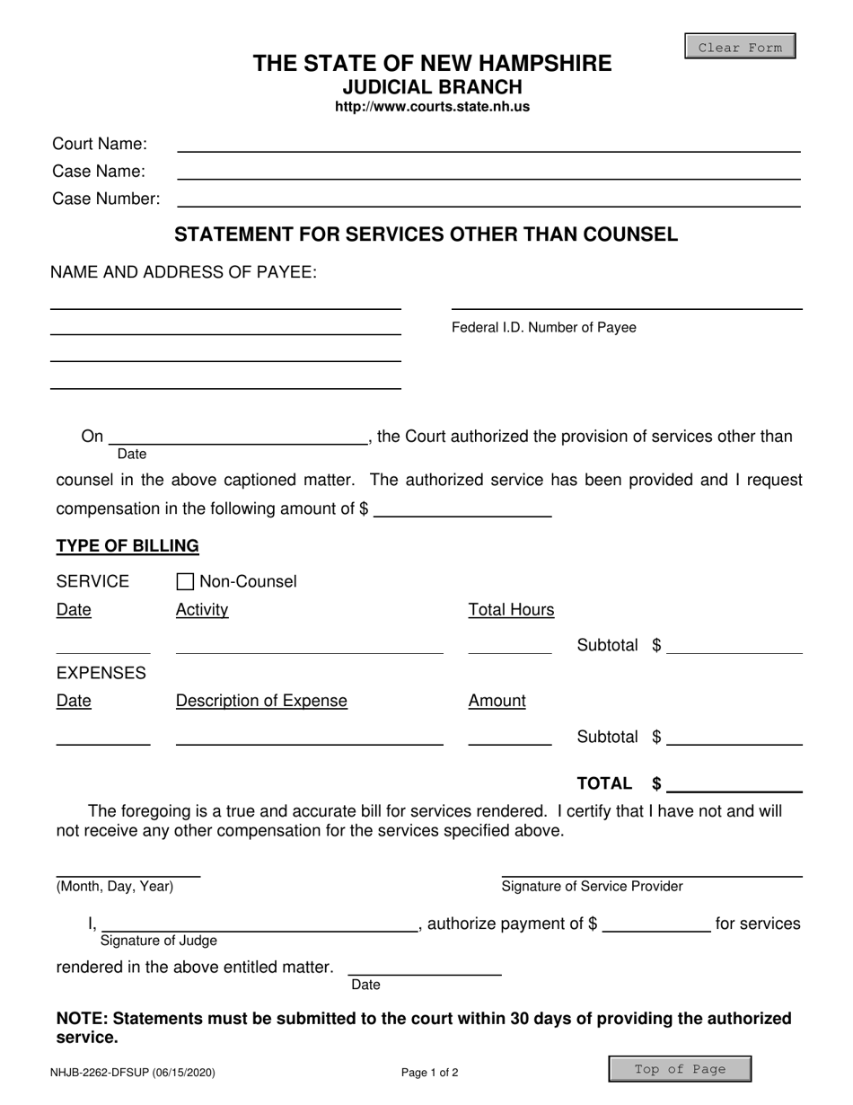 Form NHJB-2262-DFSUP Statement for Services Other Than Counsel - New Hampshire, Page 1