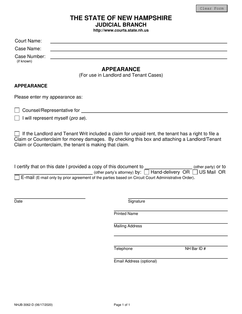 Form NHJB-3062-D Landlord-Tenant Appearance - New Hampshire, Page 1