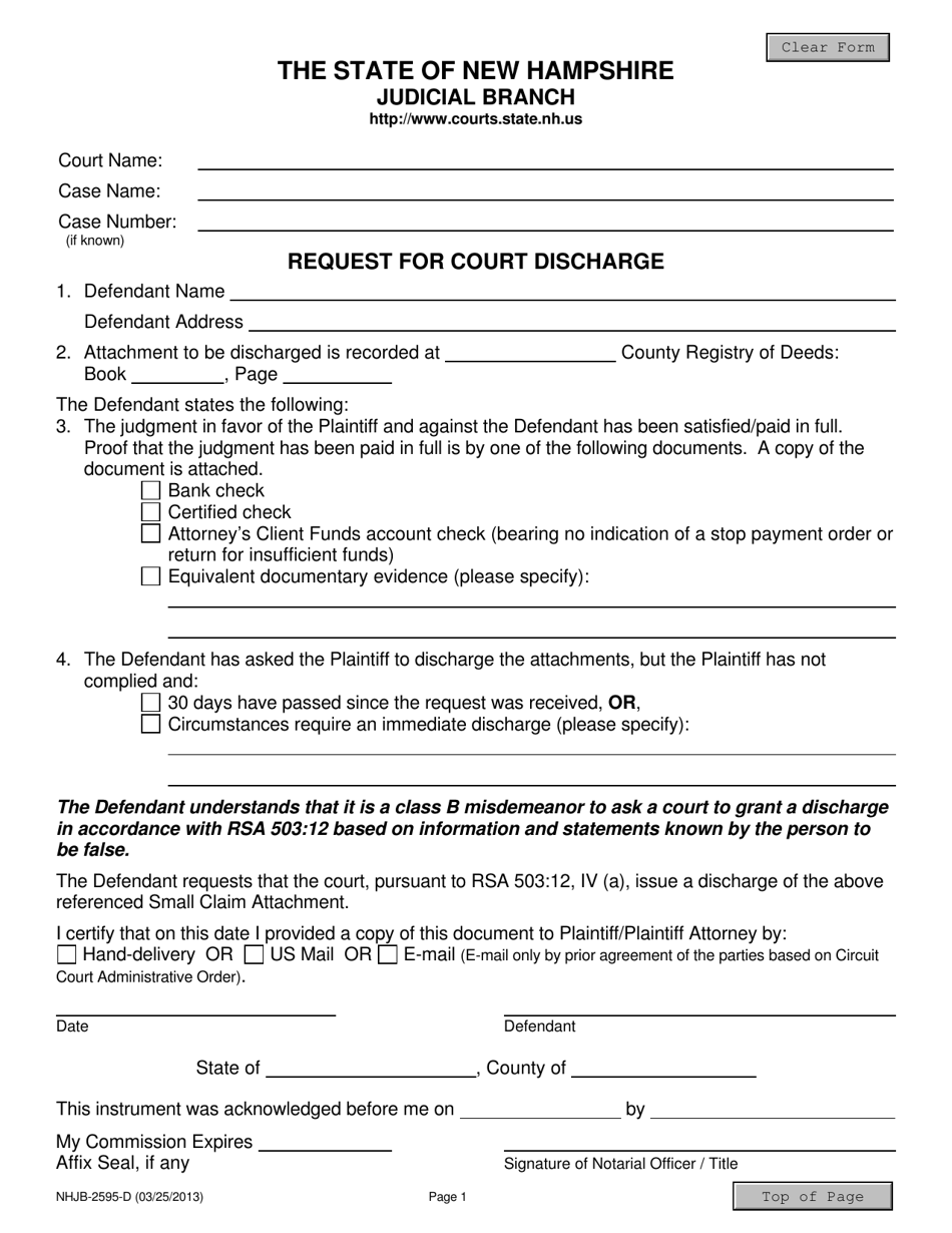 Form NHJB-2595-D Request for Court Discharge - New Hampshire, Page 1