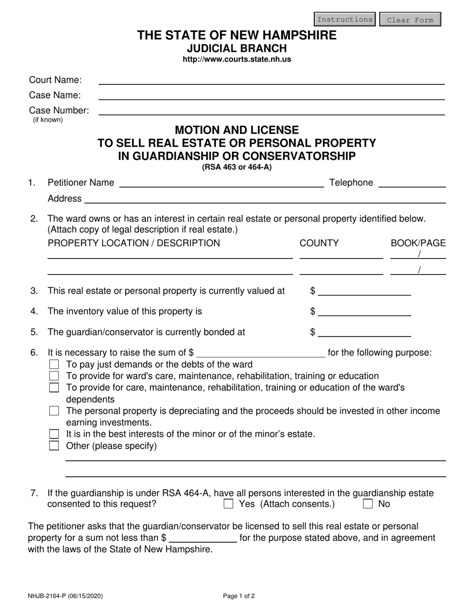 Form NHJB-2164-P Motion and License to Sell Real Estate or Personal Property in Guardianship or Conservatorship - New Hampshire, Page 1