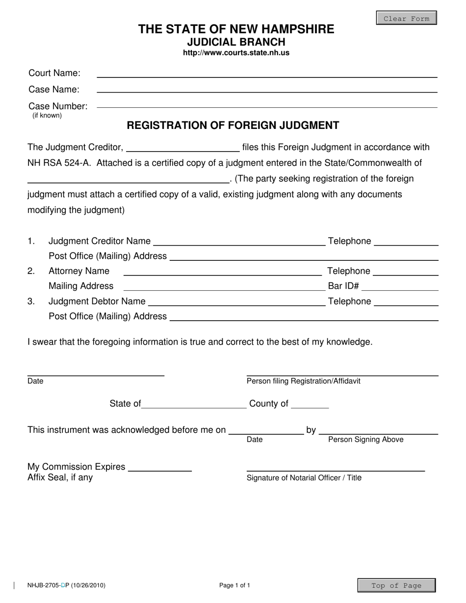 Form NHJB-2705-P Registration of Foreign Judgment - New Hampshire, Page 1