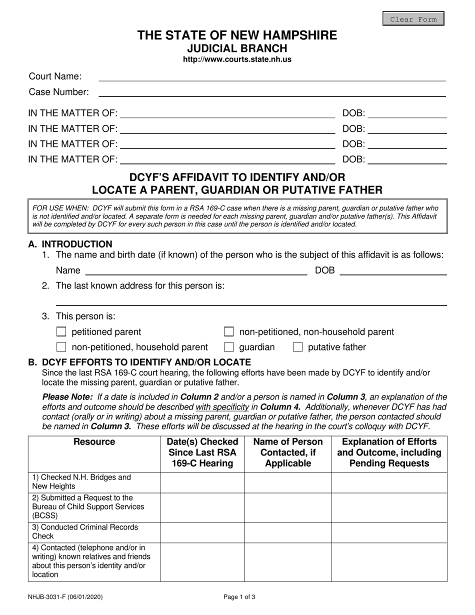 Form NHJB-3031-F Dcyfs Affidavit to Identify and / or Locate a Parent, Guardian or Putative Father - New Hampshire, Page 1