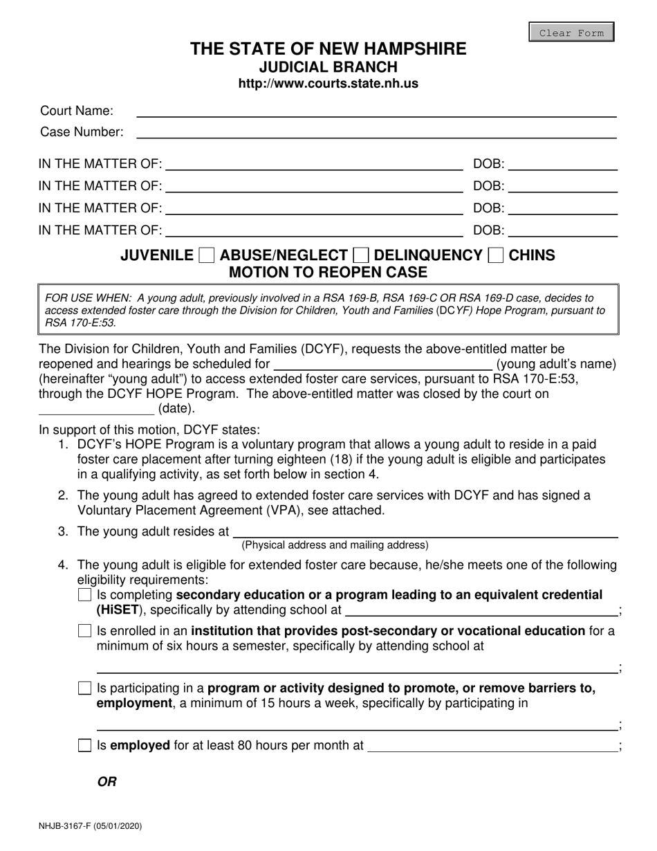 Form NHJB-3167-F Motion to Reopen Case - Juvenile Abuse / Neglect, Delinquency, Chins - New Hampshire, Page 1