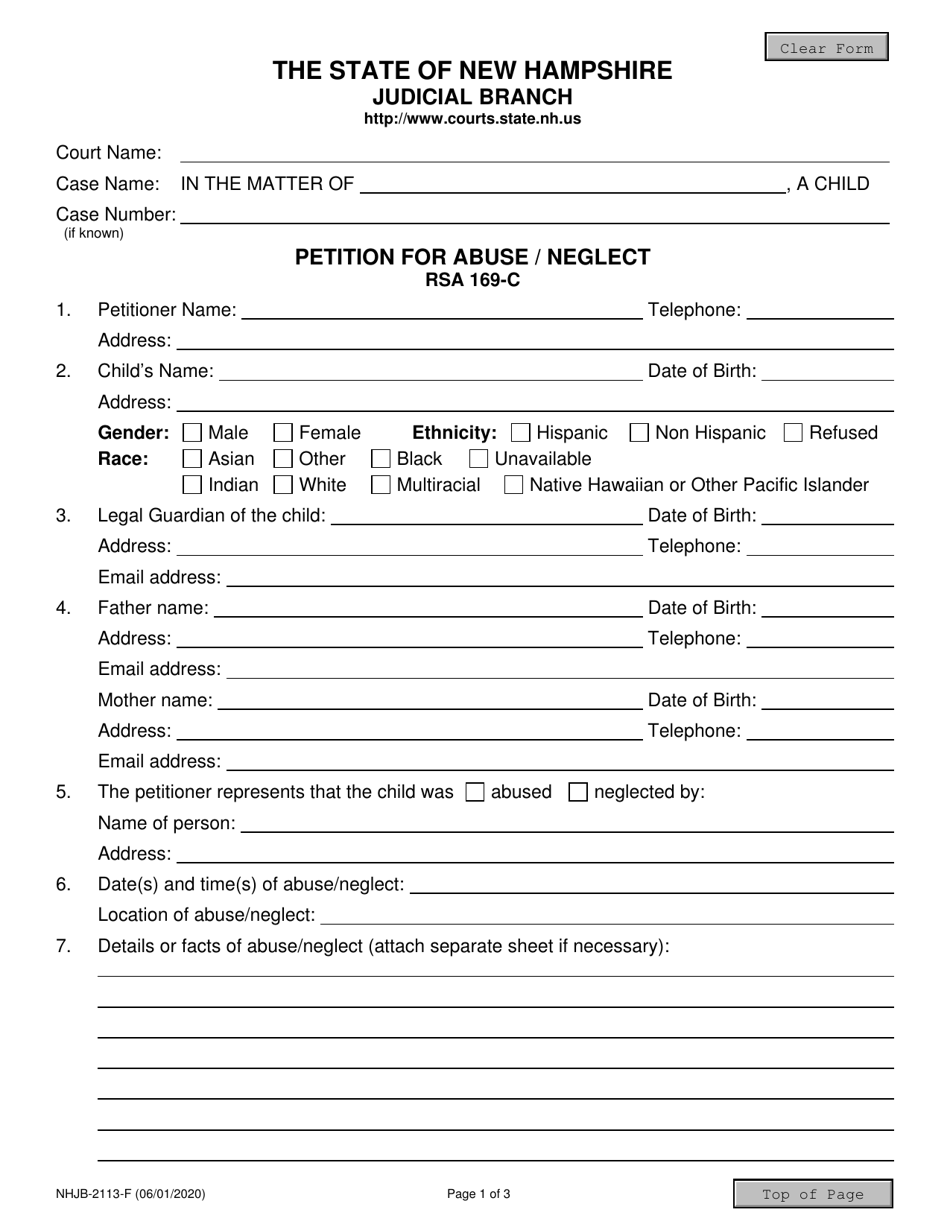 Form NHJB-2113-F Petition for Abuse / Neglect - New Hampshire, Page 1