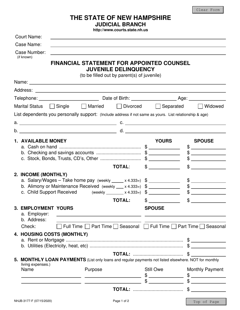 Form NHJB-3177-F Financial Statement for Appointed Counsel Juvenile Delinquency - New Hampshire, Page 1