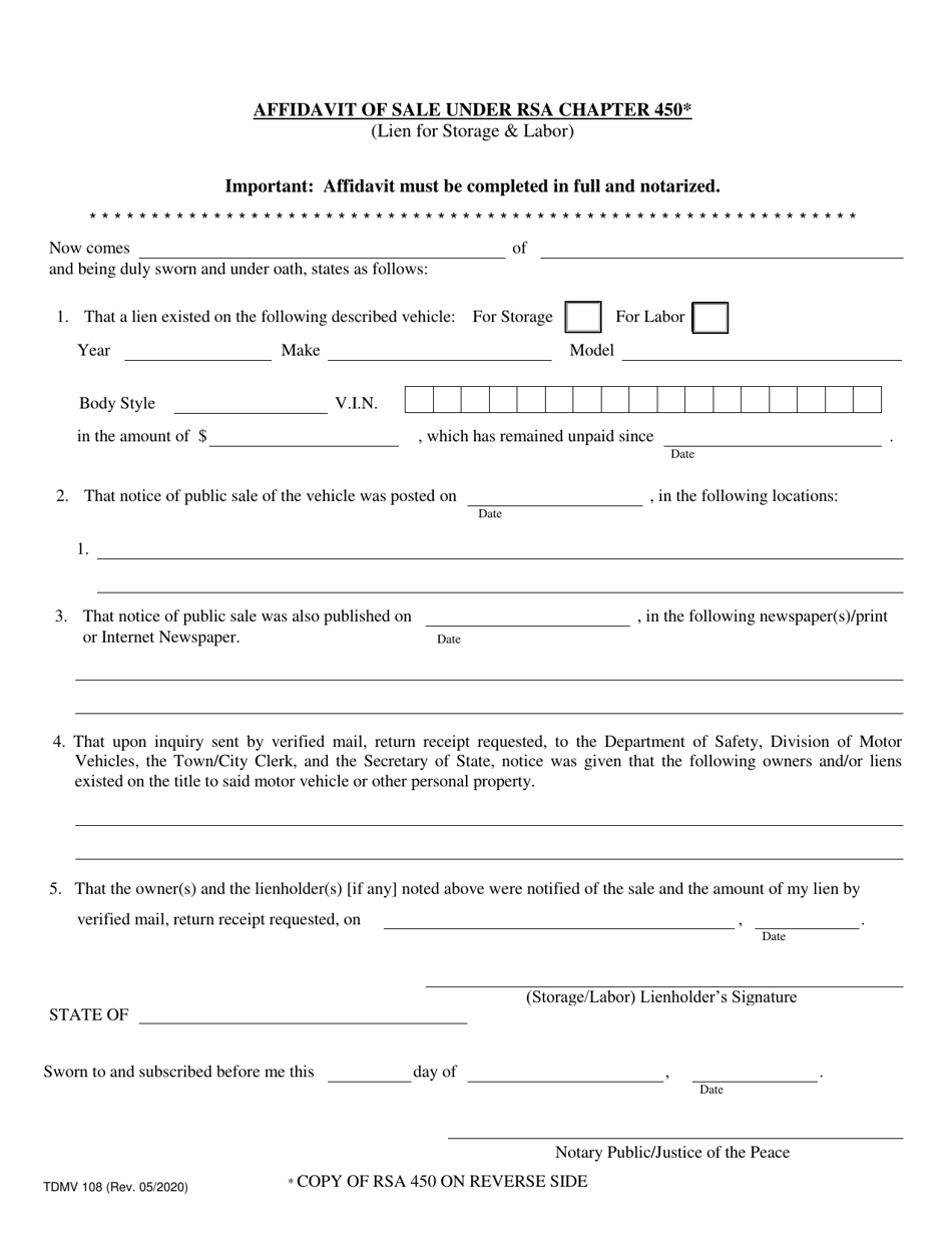Form TDMV108 Affidavit of Sale for a Mechanics Lien or Storage Fees - New Hampshire, Page 1