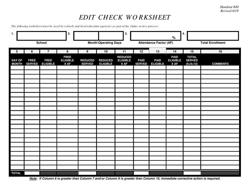 Form 40 Edit Check Worksheet - New Jersey